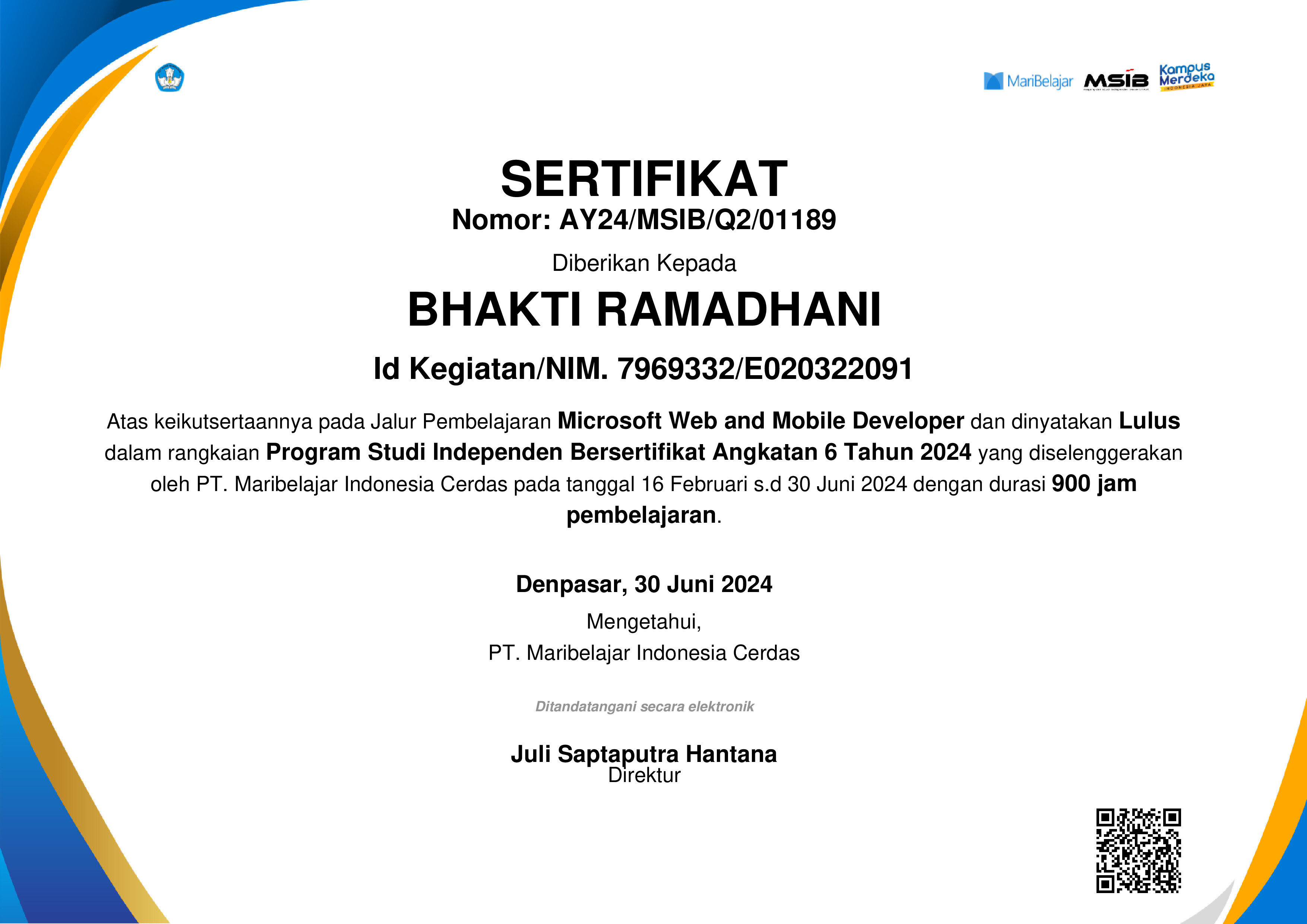 Certificate Kelulusan Studi Independen MariBelajar